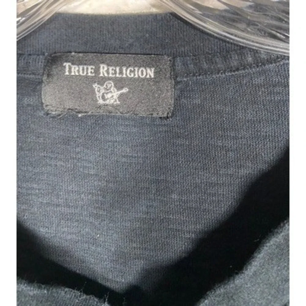 True Religion Men's Short Sleeve Henley Shirt Black Cotton Logo XL